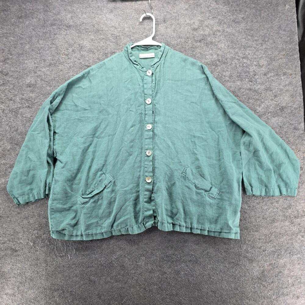 Bryn Walker Button-Up Womens M Green Collared 3/4 Sleeve Linen Pockets Relaxed